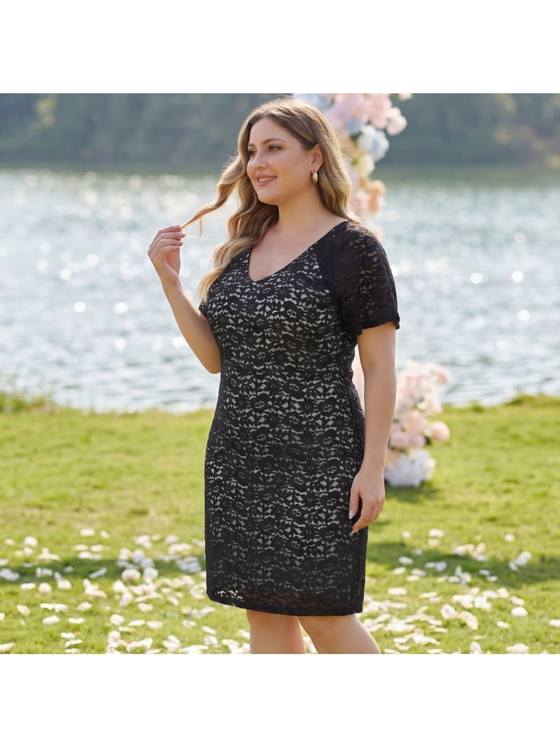 Agnes Orinda Women's Plus Size School College Guest Dress V Neck Short Sleeves Cocktail Wedding Guest Bodycon Dress 3X Black