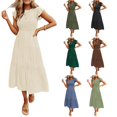 thumbnail image 2 of Robe Midi d'Été Décontractée à Manches Courtes Col Rond Taille Élastique Smockée à Volants pour Femmes, 2 of 4