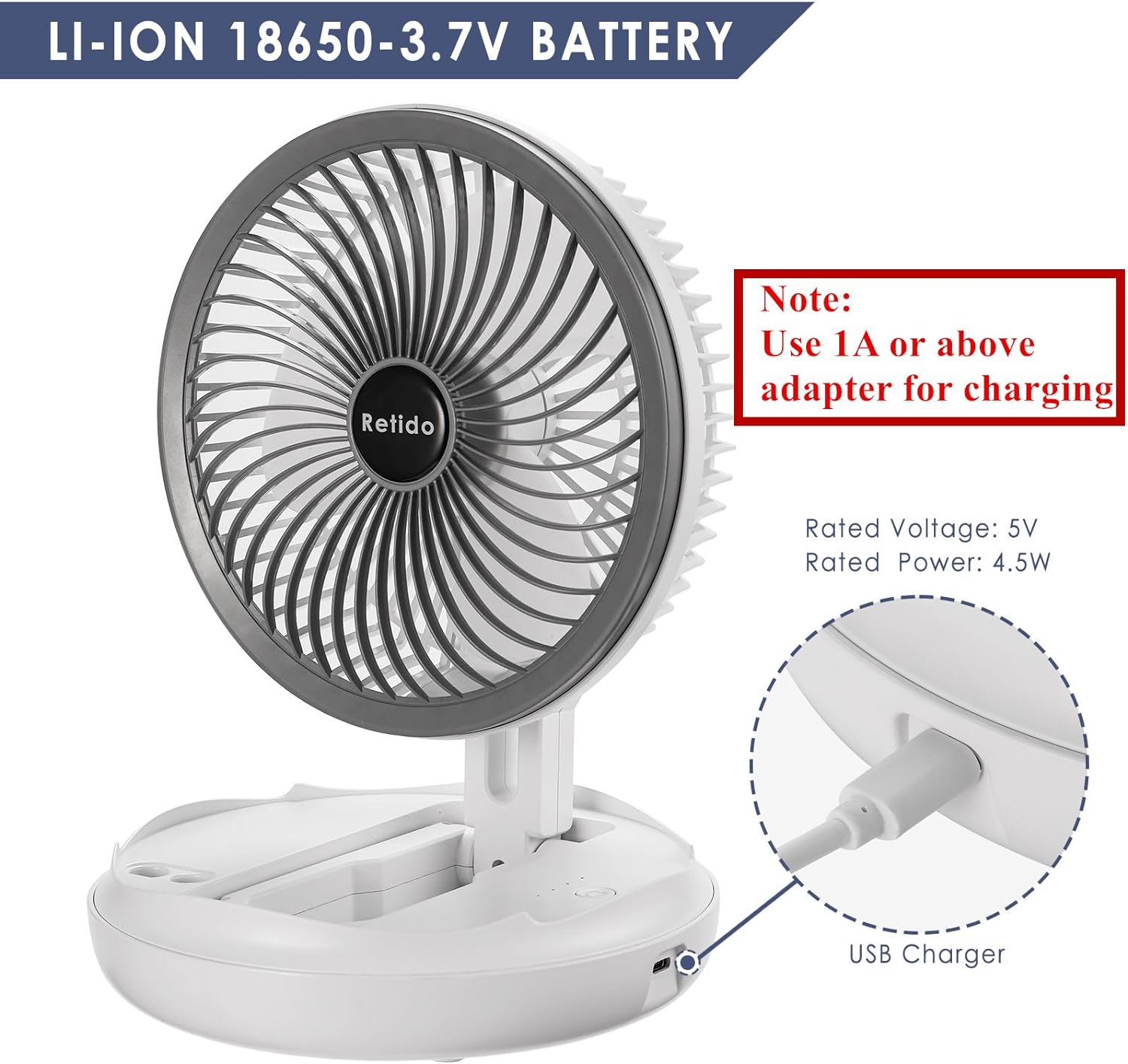 Gigicial 7 in 4-Speed USB Rechargeable Portable Camping Fan