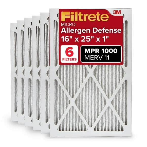 Filtrete 16x25x1 AC Furnace Air Filter, MERV 11, MPR 1000, Micro Allergen Defense, 3-Month Pleated 1-Inch Electrostatic Air Cleaning Filter, 6 Pack (Actual Size 15.69 x