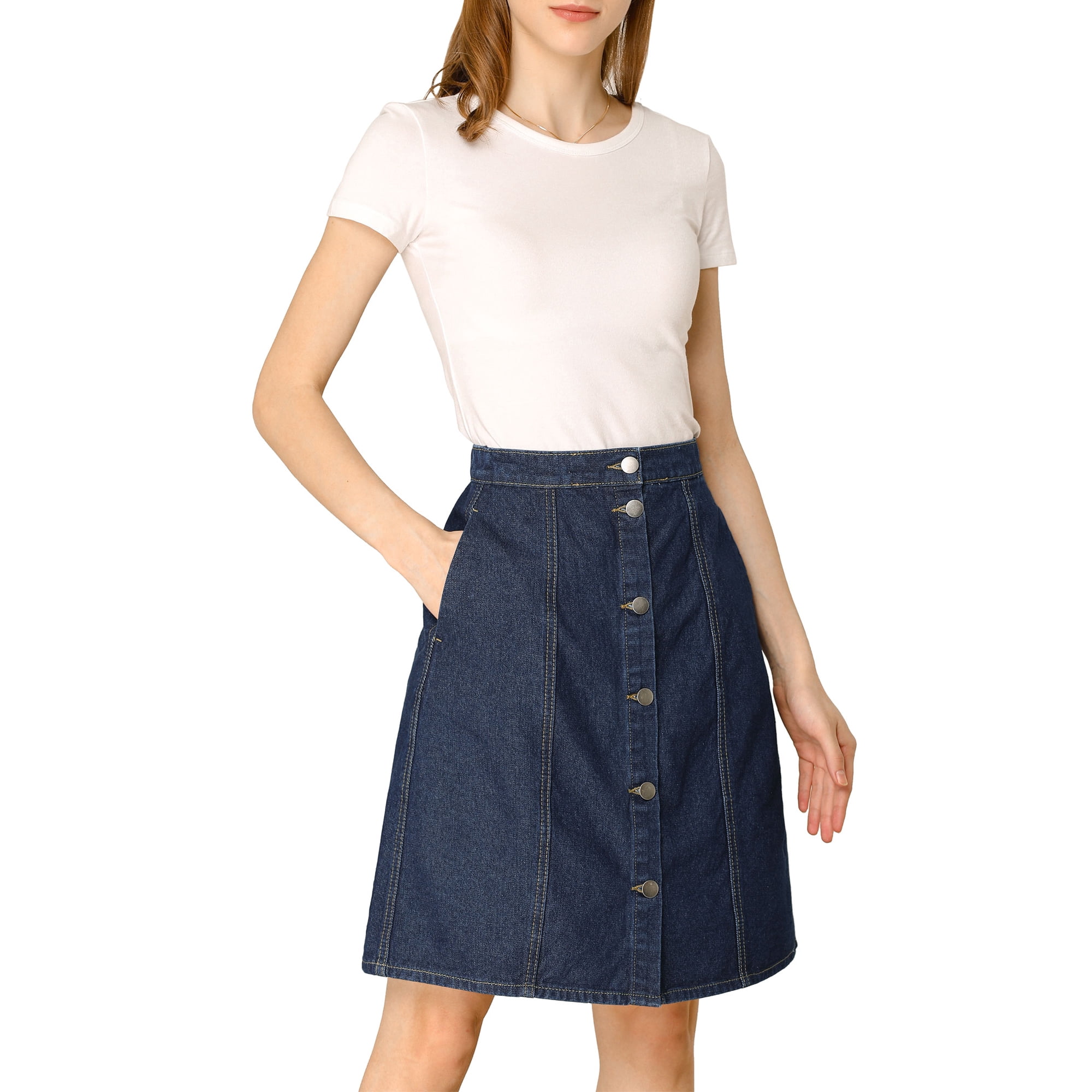 Unique Bargains Junior s Casual A Line High Waist Button Front Mini Denim Skirt Navy Blue L Other