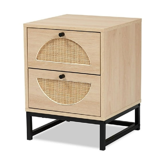Baxton Studio Ardon Bohemian Light Brown Finished Wood and Black Metal 1-Drawer Nightstand with Natural Rattan