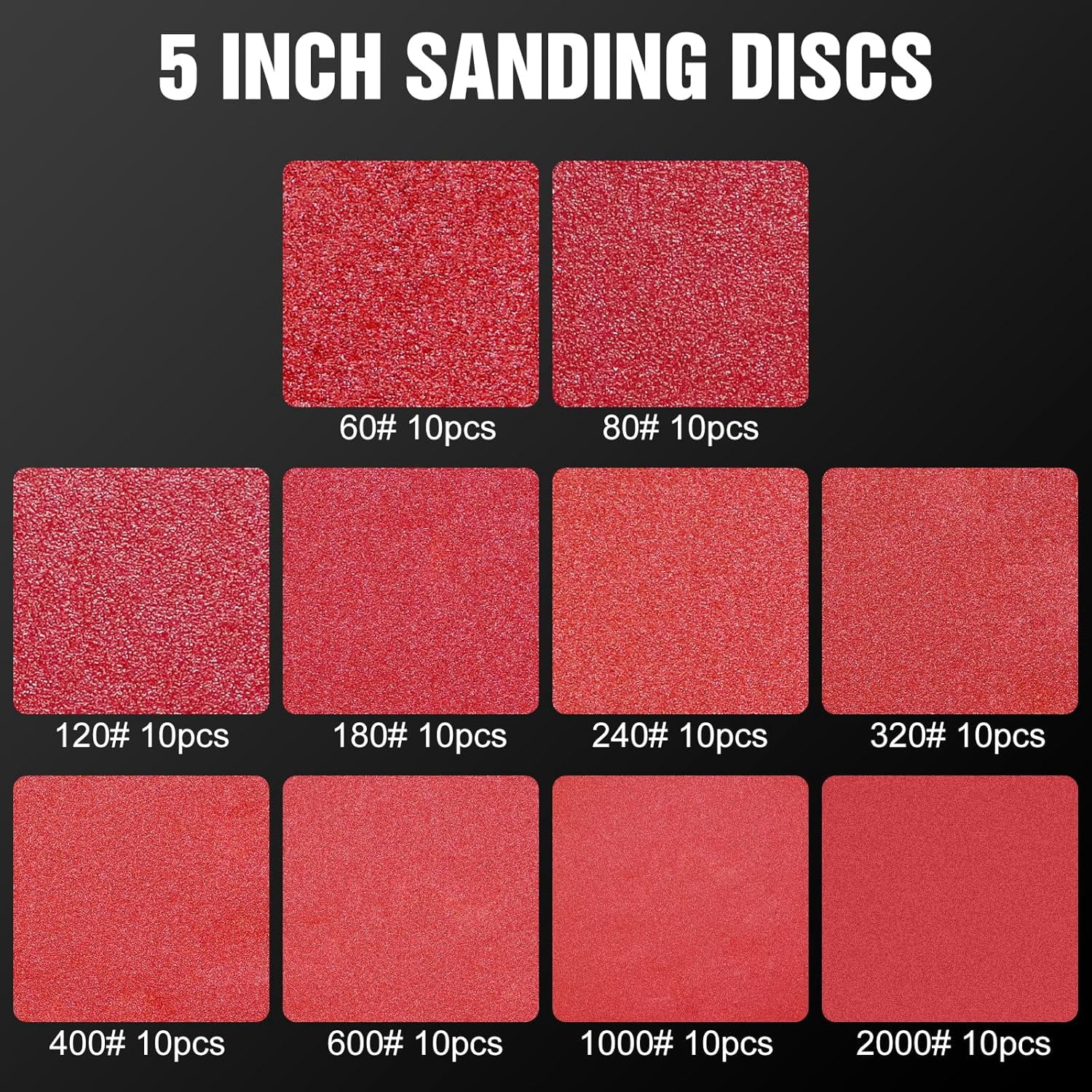 100 pieces 5-inch sandpaper disc, 60-80-120-180-240-320-400-600-1000-2000 grit, 8-hole hook and loop round sandpaper, suitable for random orbital sanders