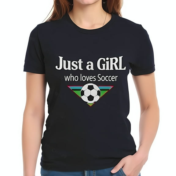 Trendy Navy Blue Cotton Short Sleeve T-Shirt for Girls - " Just a GiRL who loves Soccer " with Soccer Ball Design