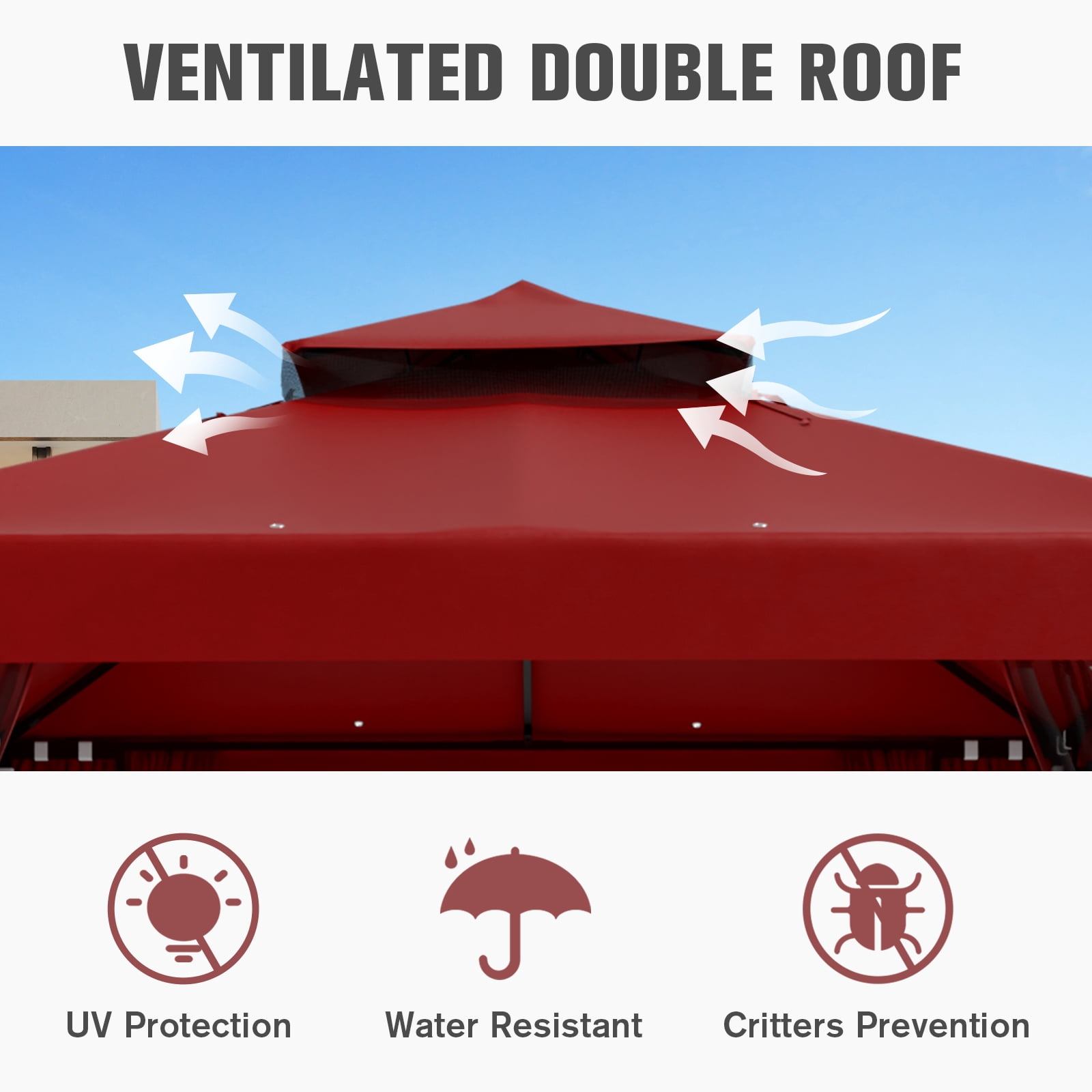 COOS BAY 8 ft. W x 8 ft. D Red Outdoor Patio Soft Vented Top Gazebo with Zipped Netting, Corner Shelves, Ceiling Hook