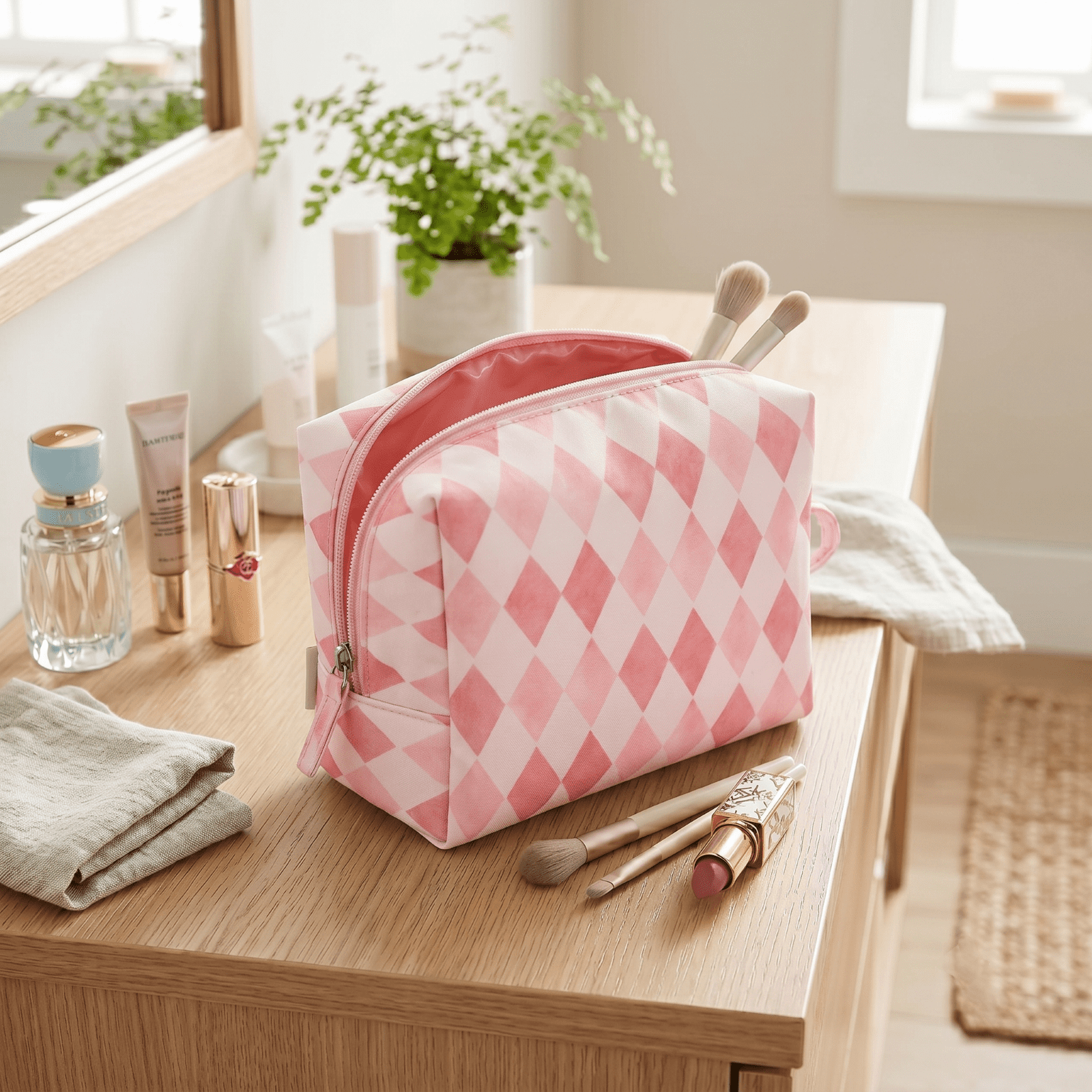 packlab Travel Makeup & Toiletry Cosmetic Bag, Pink Harlequin Organizer Pouch
