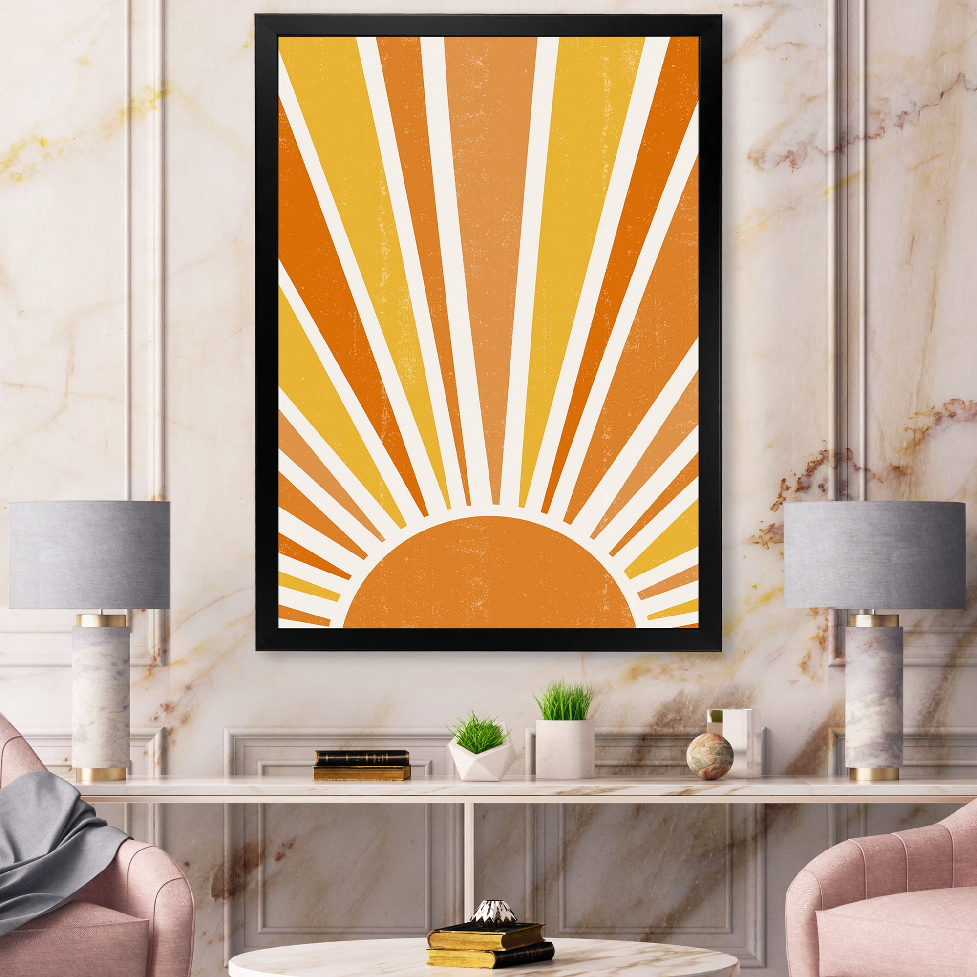 Designart 'Minimal Bright Shining Orange Sun Rays II' Modern Framed Art Print