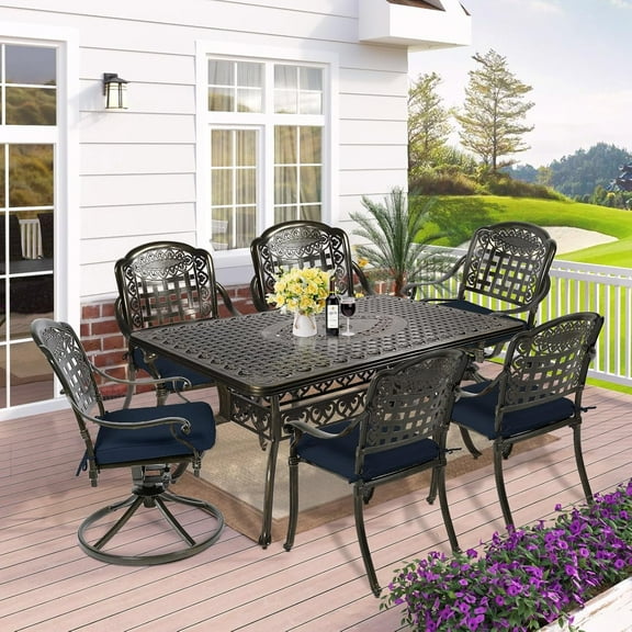 7-Piece Outdoor Patio Dining Set, 60" Rectangular Cast Aluminum Dining Table with Umbrella Hole and 4 Stationary, 2 Swivel Rocker Chairs, 6 Cushioned, Backyard, Patio, Garden, Navy