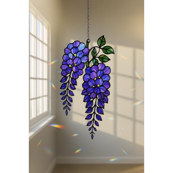 Purple Wisteria Acrylic Suncatcher Flower Window Hanging, Stained-Glass-Style Floral Sun-Catcher, Boho Garden Decor
