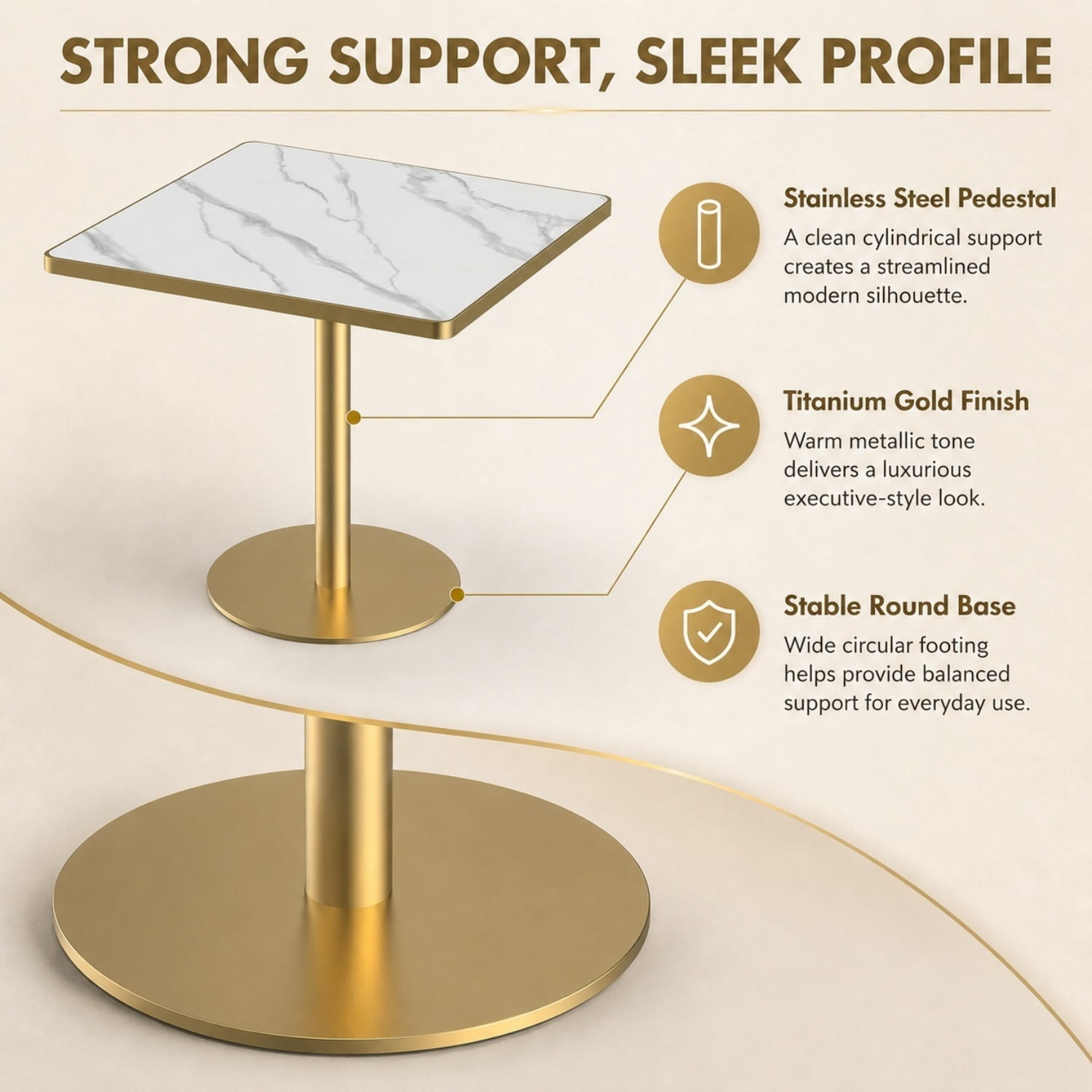 Miniyam 31.5 in Square Dining Table, Glossy Marble-Look Small Kitchen Table with Titanium Gold Feet, White Gray Vein