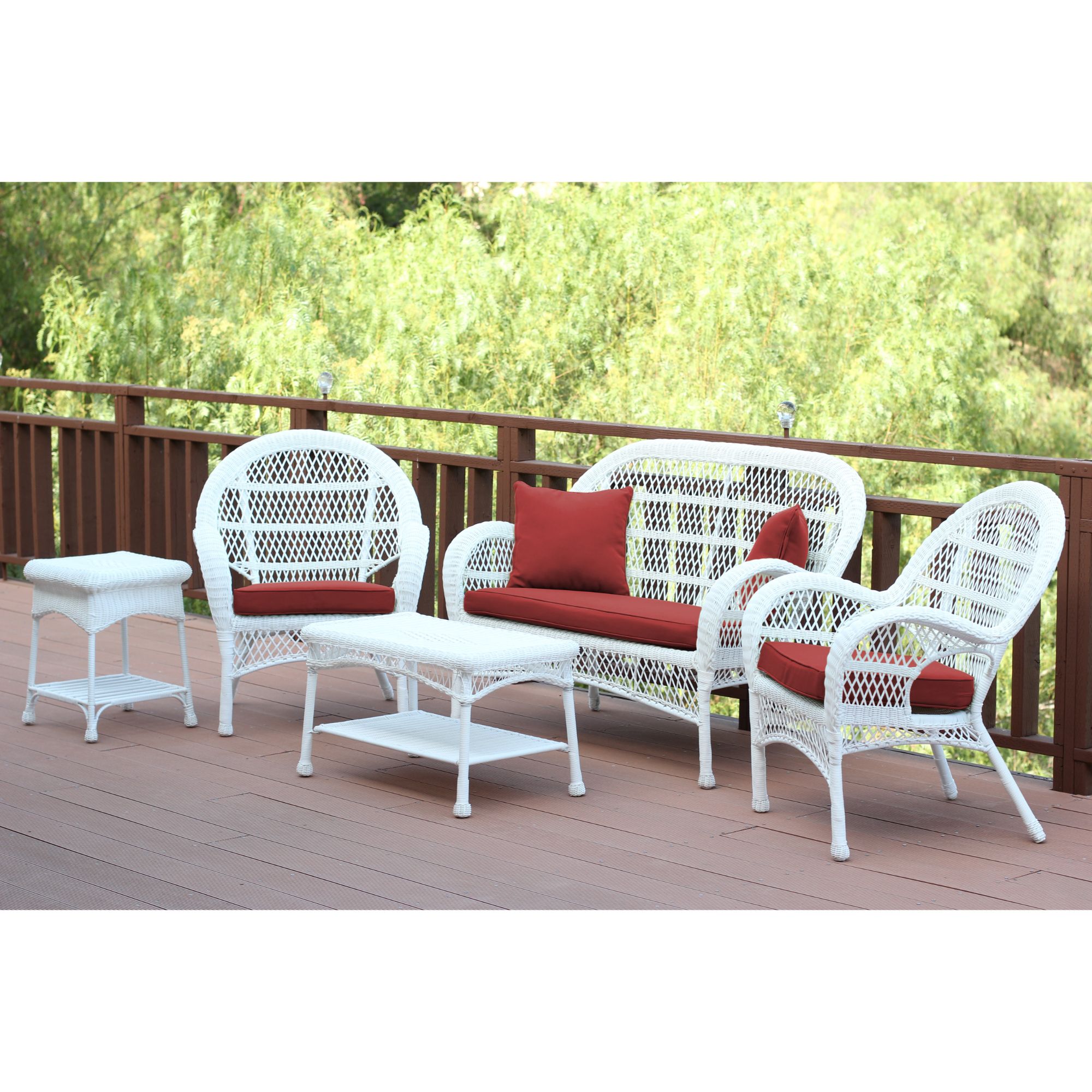 5 Piece White Wicker Outdoor Furniture Patio Conversation Set Brick Red Cushions Walmart Com Walmart Com