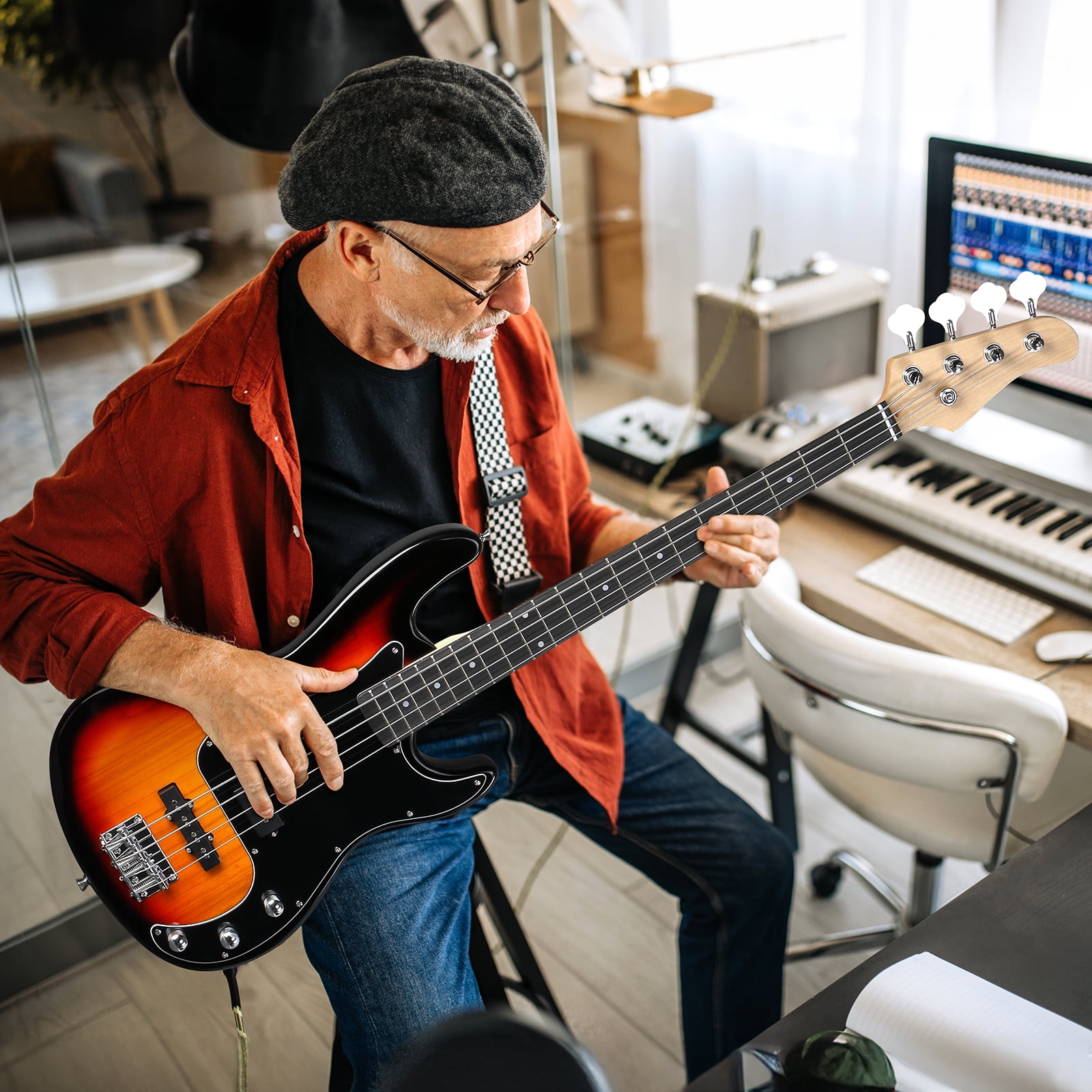 Ktaxon 46in Full-Size Electric Bass Guitar with 20W Amp Kit, for Beginners & Musicians, Brown
