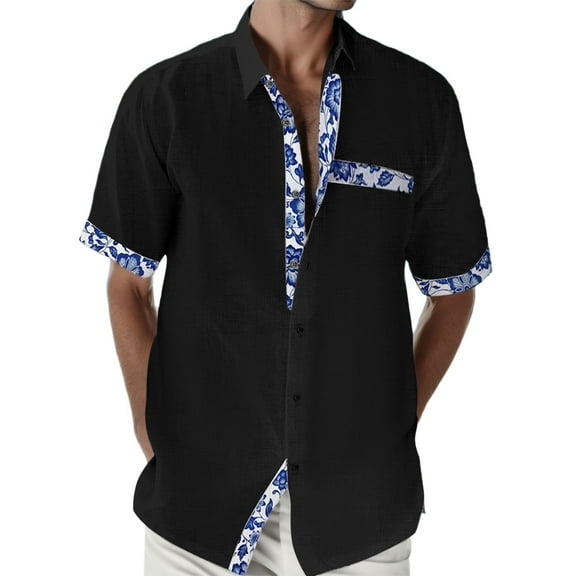Baqcunre Shirts For Men Beach Holiday Shirt Short Sleeve Cardigan Shirt Mens Cuff Button Contrast Lapel Shirt Hawaiian Shirt For Men Tops For Men Black L