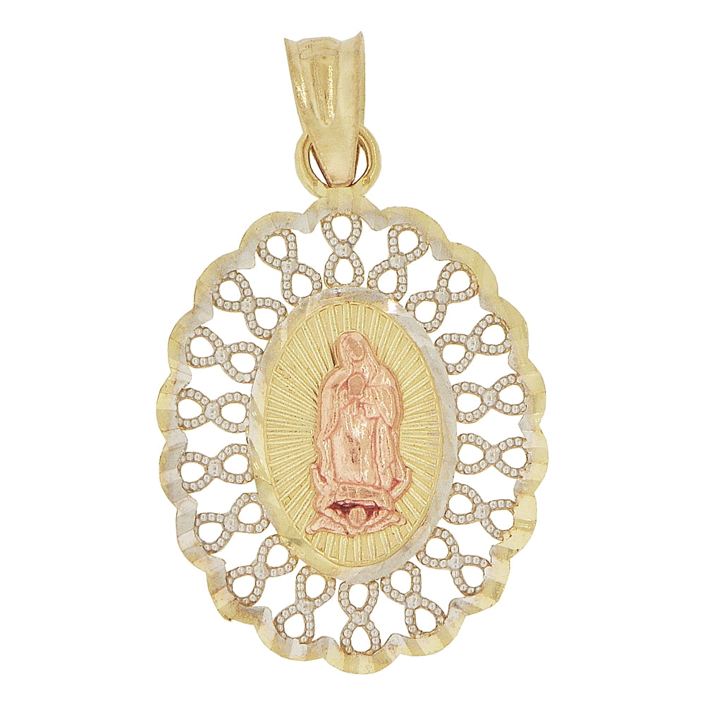 14k Tricolor Gold, Virgin Mary Guadalupe Pendant Religious Charm Oval ...