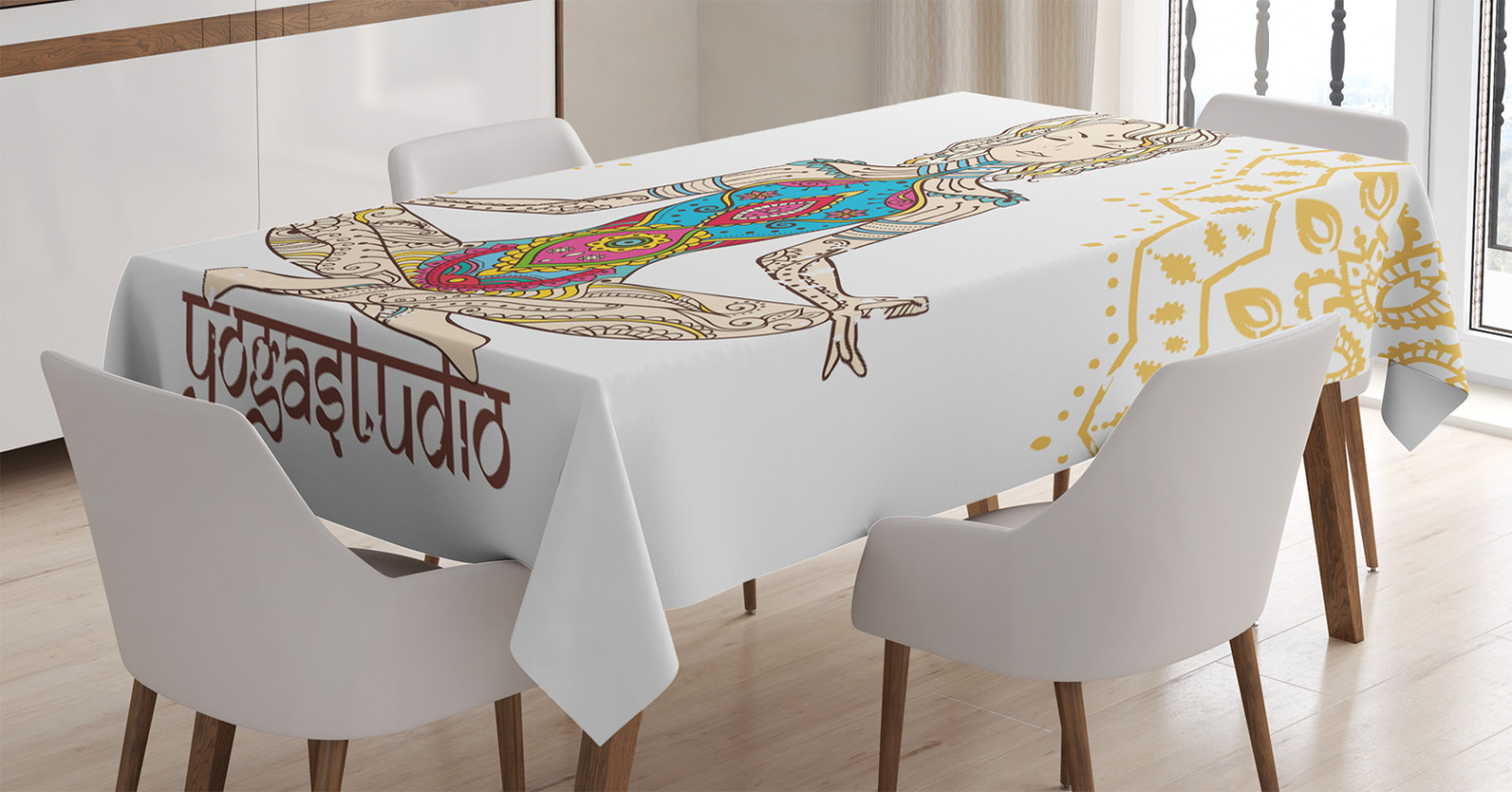 Chakra Decor Tablecloth, Girl in Yoga Position with Ethnic Figures on