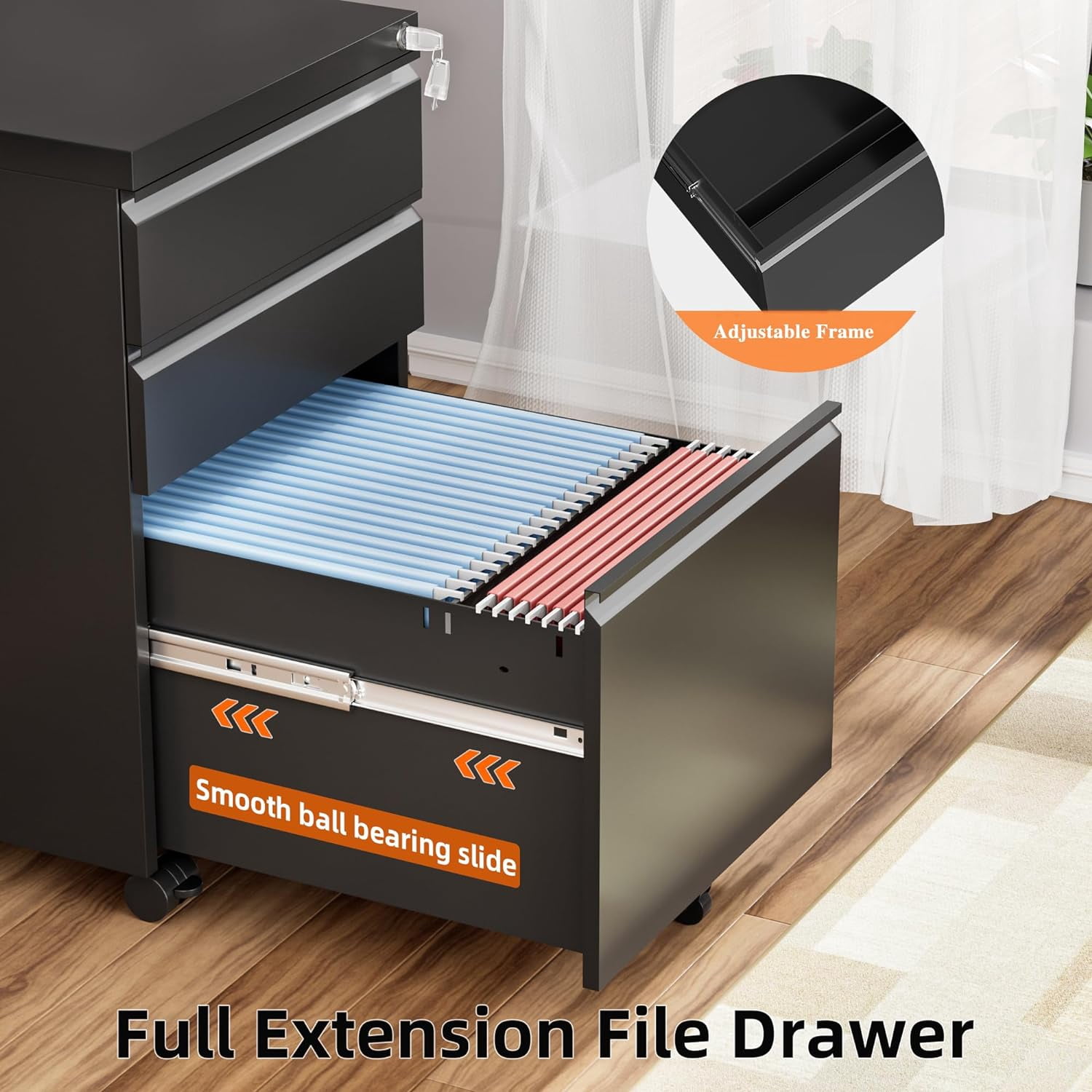 SOLAURA 3 Drawer Mobile File Cabinet with Lock & Wheels, Fully Assembled Rolling Filing Cabinet Except Casters, Under Desk Metal Storage for Office, Fits Legal/Letter/A4 Size(Assembled, Black)