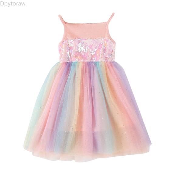 Dpytoraw Toddler Girls Sleeveless Sequin Rainbow Suspenders Dress Clothes Girls Tulle Dresses Size 3-4 Years