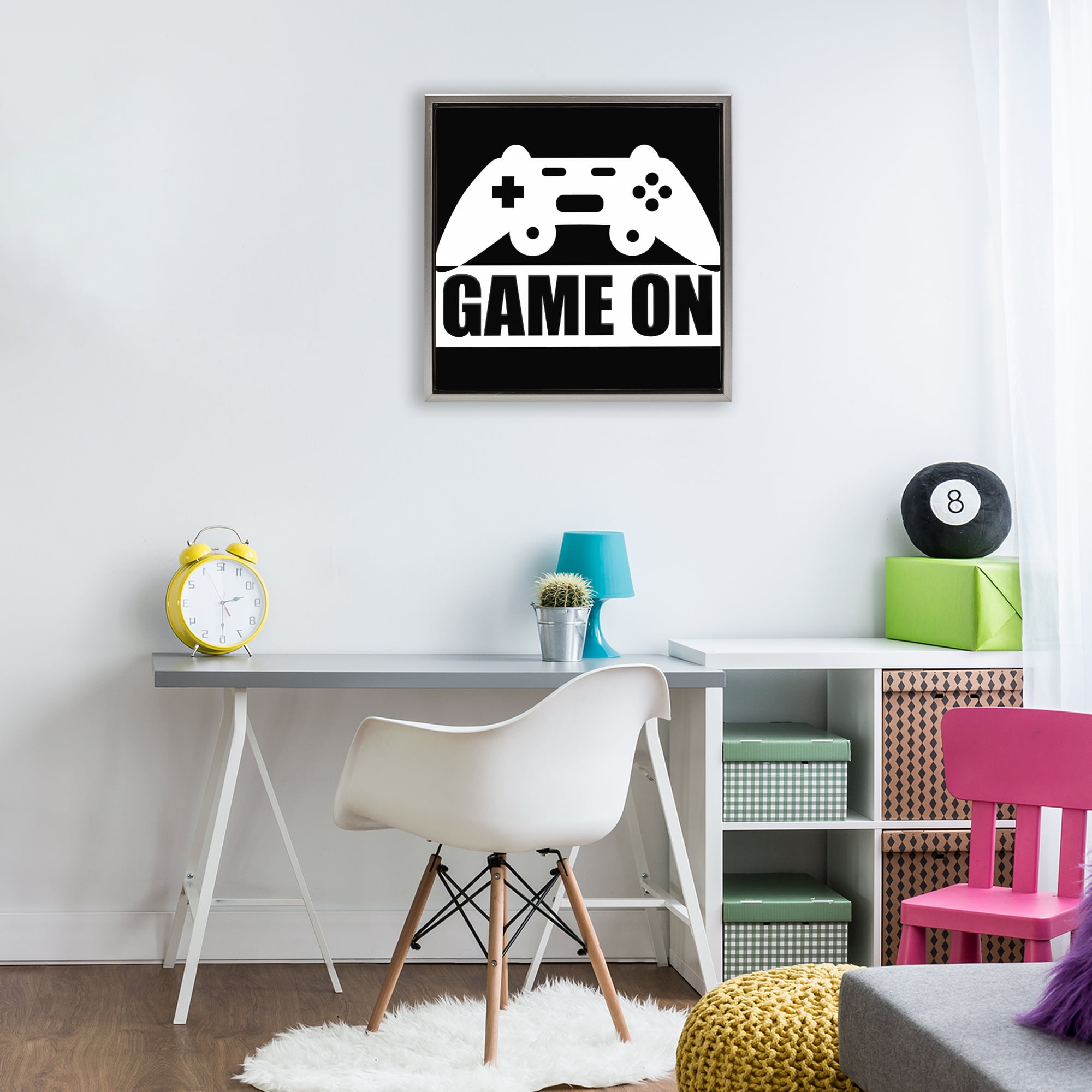 Game On Retro Black & White Gray Framed Floater Canvas Wall Art, design by Kim Allen