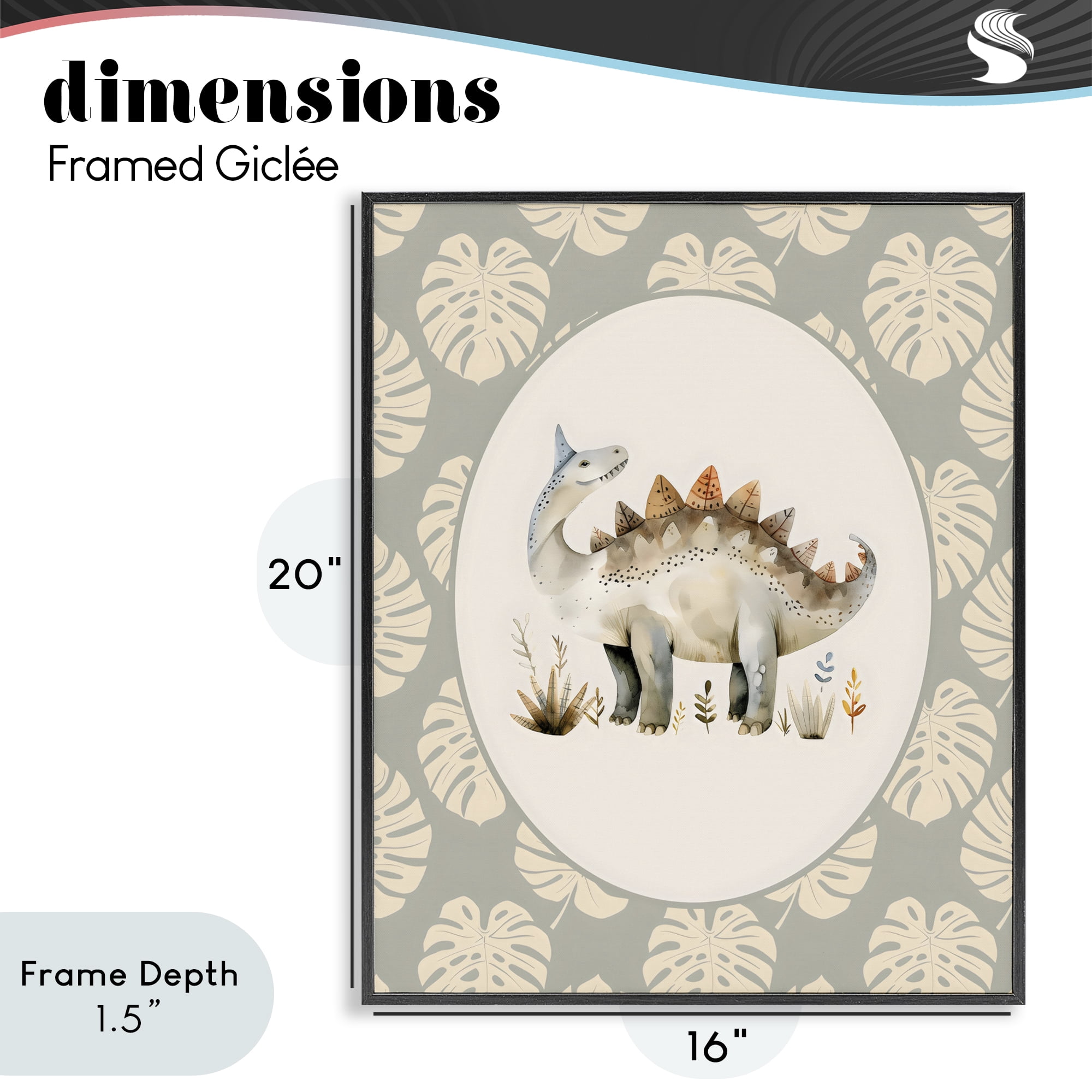 Stupell Industries Watercolor Dinosaur Monstera Border Black Framed Giclee Art, design by LSR Design Studio