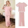 thumbnail image 2 of RUTAYY Toddler Girls Summer Outfits Sets Soft Ribbed Round Neck Short Sleeve Long Pants Set Casual Comfortable Loungewear Fashionable Clothing, Pink, 5-6 Years, 2 of 6