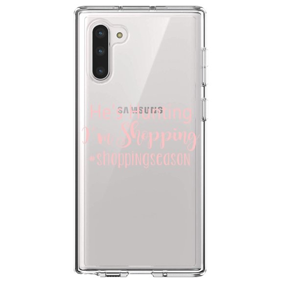 DistinctInk Clear Shockproof Hybrid Case for Samsung Galaxy Note 10 (6.3" Screen) - TPU Bumper Acrylic Back Tempered Glass Screen Protector - He's Hunting - I'm Shopping - #shoppingseason