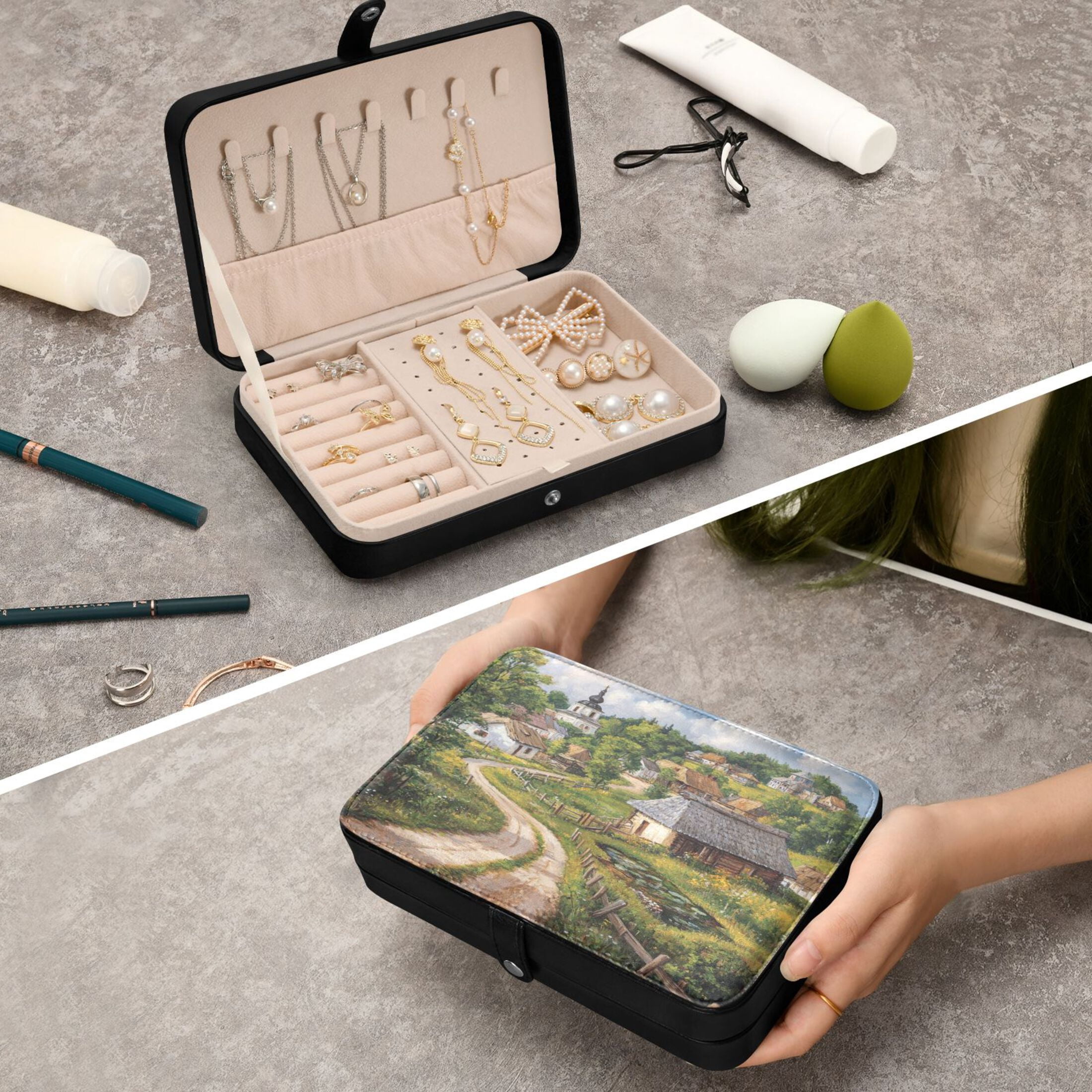 Leather Jewelry Box Rectangular 8.27x5.5x1.78In Travel Jewelry Storage Earrings Necklace Bracelet Watch Brooch Storage Cartoon Village