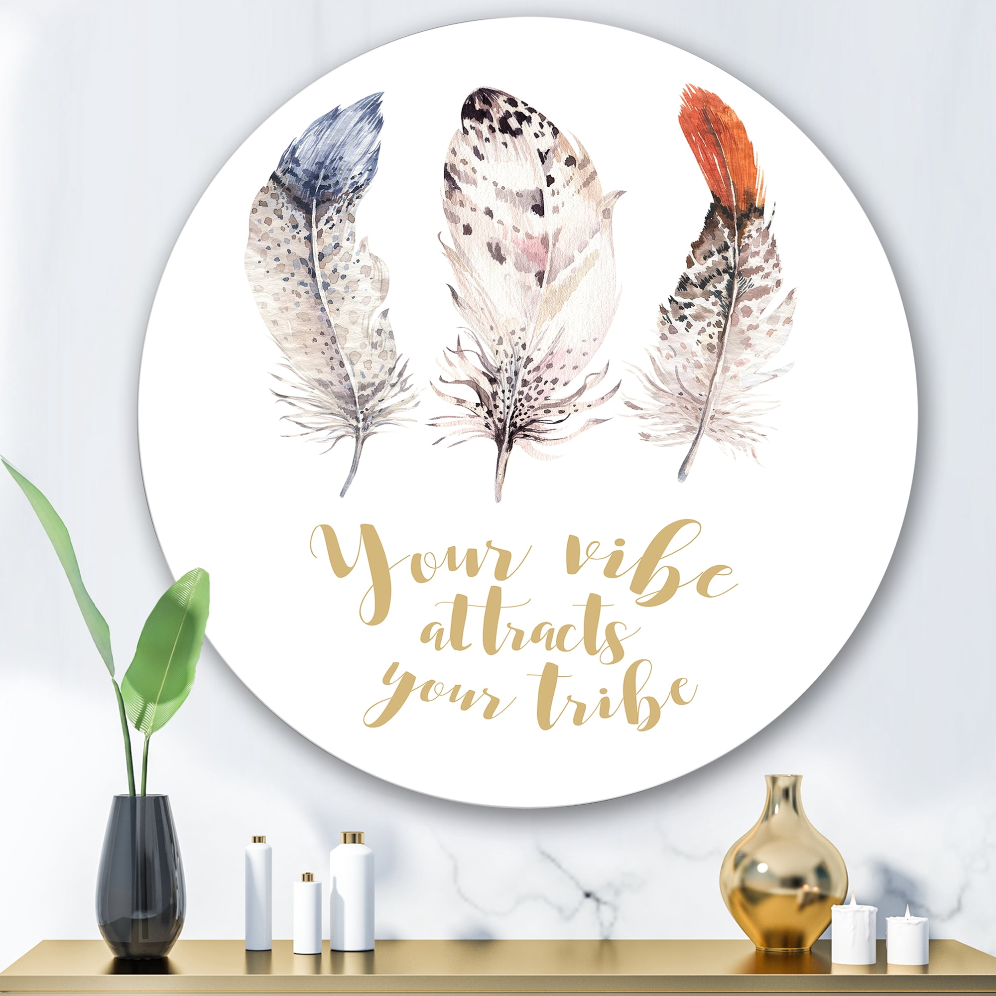 Designart 'Your Vibe Attracts Your Tribe Ethnic Feathers II' Bohemian & Eclectic Circle Metal Wall Art 29x29 - Disc of 29