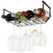 Wallniture Piccola Under Cabinet Wine Rack and Glass Holder for 4 Bottle 6 Stemware Glasses Storage Kitchen Bar Metal Hanger, Black