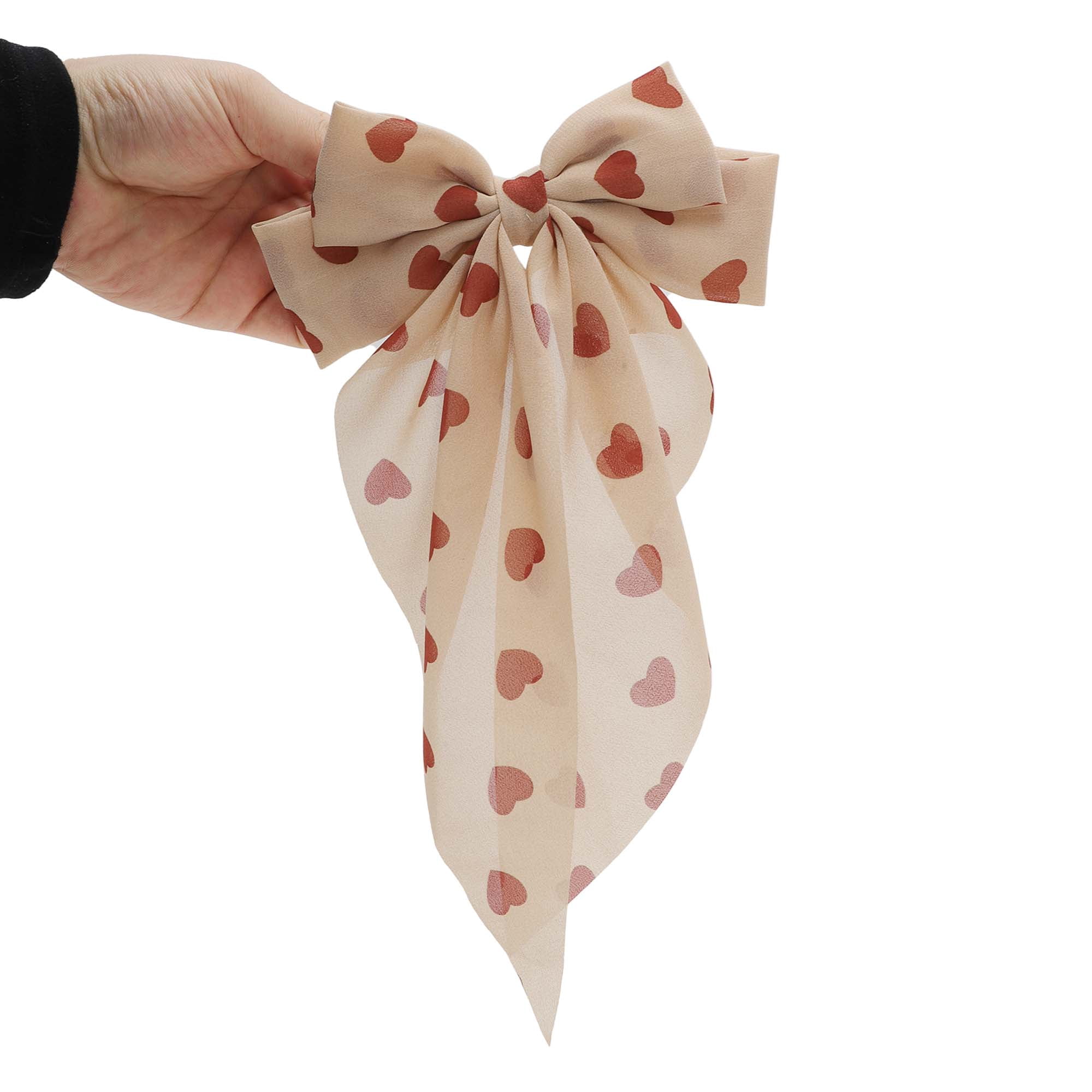 Unique Bargains Cute Heart Shaped Printed Bow Ribbon Spring Hair Clips Dark Red White Pink 3 Pcs