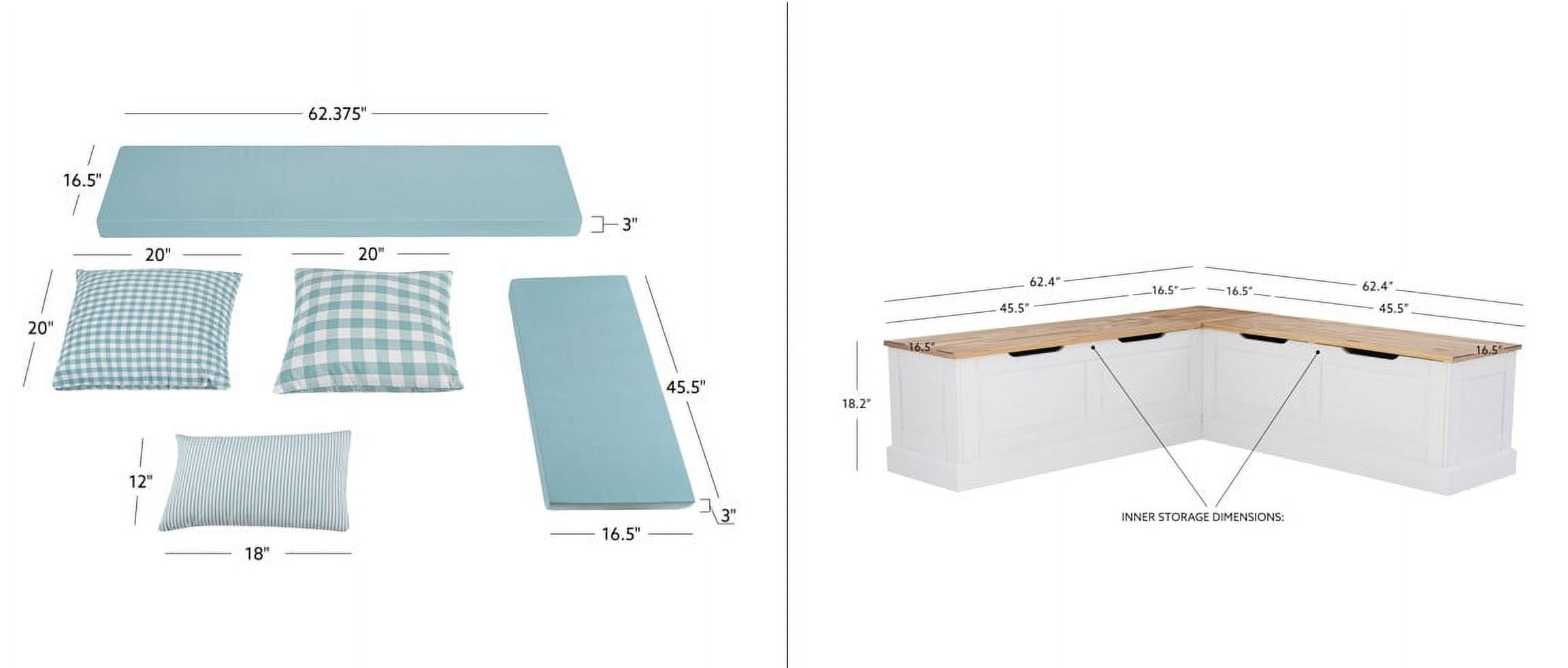 Linon Romero Backless Corner Nook Bench with Storage, 5-Piece Cushion Set, Natural/White/Seafoam