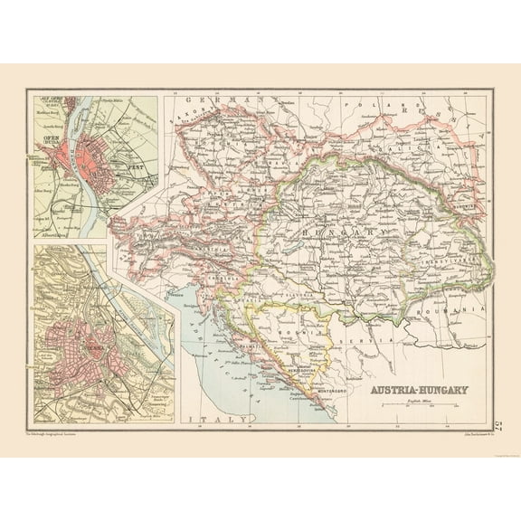 Historic Map - Austria Hungary - Bartholomew 1892 - 30.36 x 23 - Vintage Wall Art
