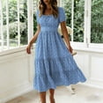 thumbnail image 6 of Bxsruta Women's Square Neck Short Sleeve Midi Dress Tiered Ruffle a Line Flowy Swing Dress Casual Elastic Waist Pull on Print Summer Spring Party for Daily Wear Beach Holiday, 6 of 8