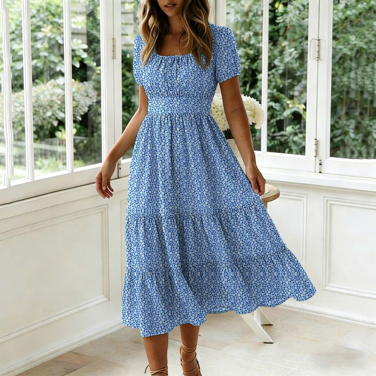 flowy square neck midi dress DEUUZHENQI Women's Mid-Calf Dress, Summer Casual Print Short Sleeve Elastic Waist, Flowy Square Neck Midi Dress for Beach or Daily Casual Wear, 2026