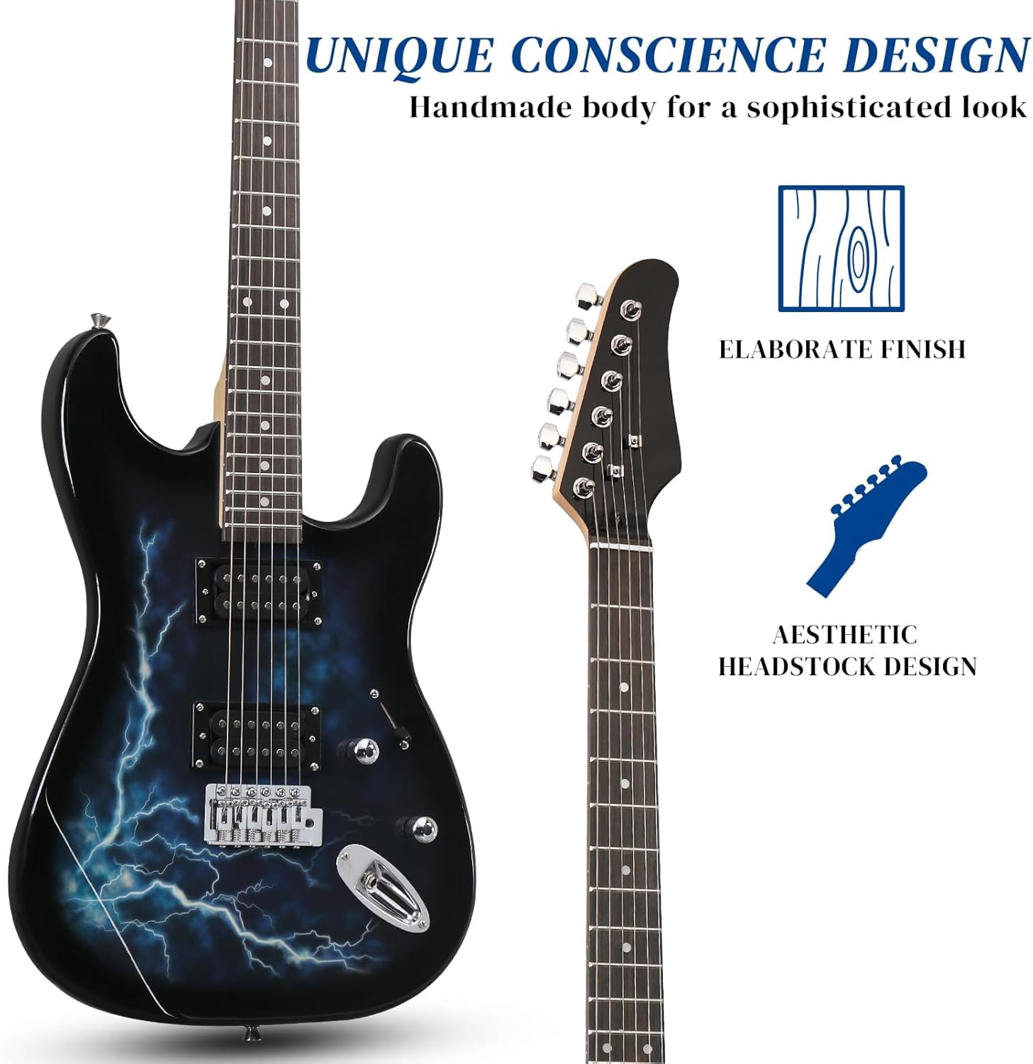 39 Inch Electric Guitar, Full Size Solid Body H-H Pickups 6 Strings Beginner Guitar Kit With Gig Bag, Strap, Tremolo Arm, Cable & Picks (Black Back)