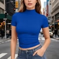 thumbnail image 4 of Garbnen Short Sleeve Undershirts for Women Mock Neck Fitted Basic Women's Crop Top Stretch Lightweight Dressy Women's Tunics Blue L, 4 of 5