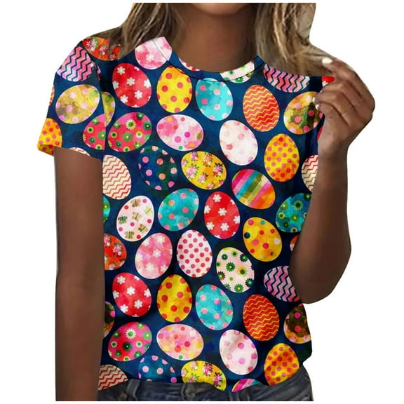 Short Sleeve T Shirts for Women Happy Easter Eggs Bunny Graphic Print Holiday Top Soft Polyester Basic Tees (X-Large, Black)