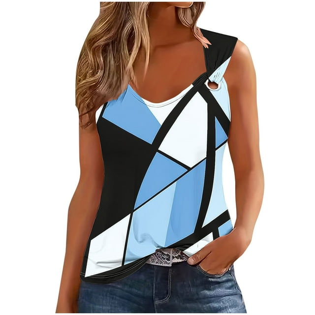 UPPADA Summer Tank Tops for Women Lace Patchwork Sleeve High Neck Tank Top Solid Color Loose Fit Graphic Shirt Tee Blue,L