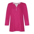 thumbnail image 5 of Htigea Women 3/4 Length Sleeve T Shirts Casual Notch V Neck Tunic Tee Solid Color Button Pullover Loose Fit Tshirt Hot Pink,L, 5 of 6