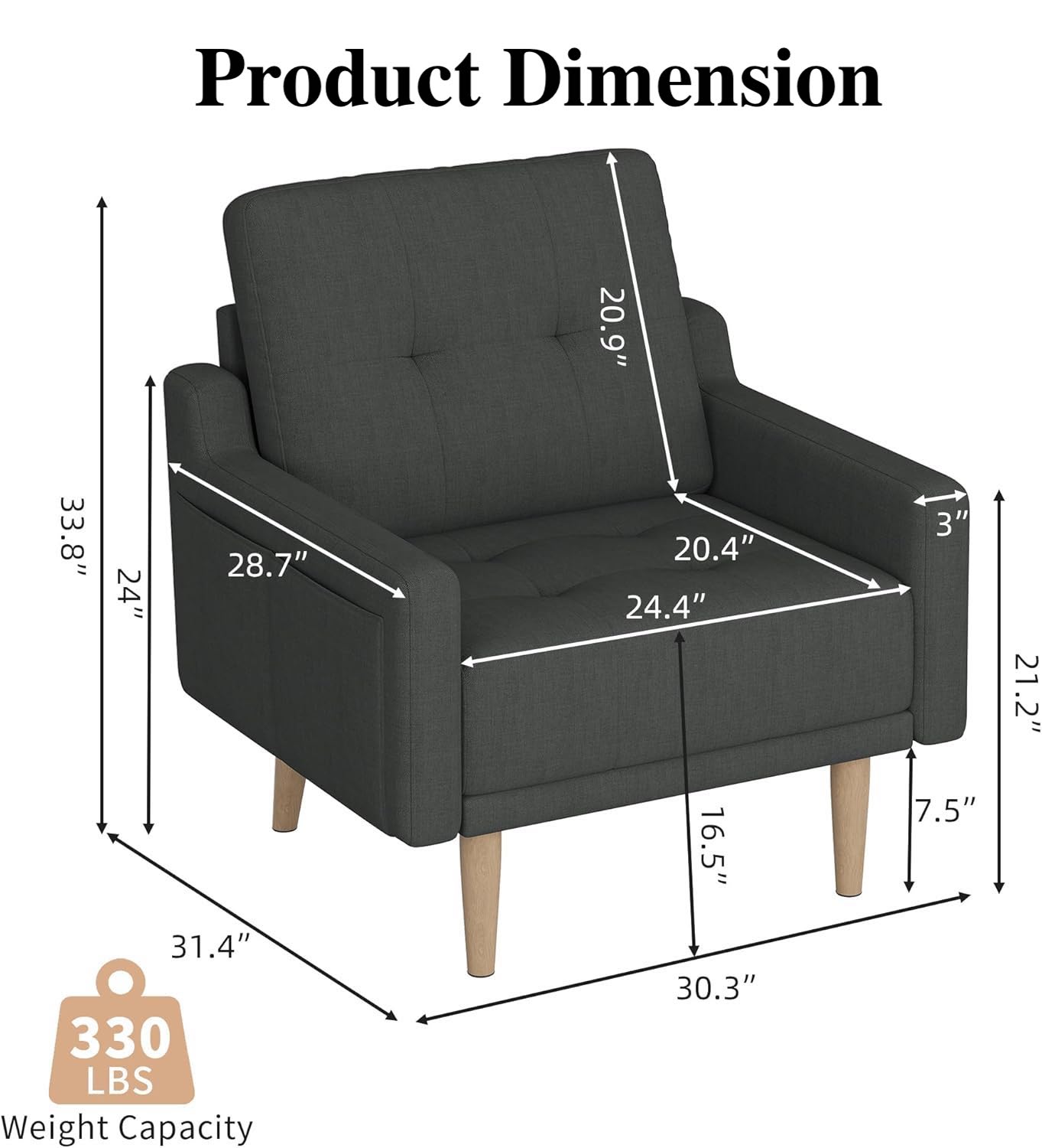 Mid Century Modern Accent Chair Reading Chair with Wood Legs, Upholstered Armchair Fabric Single Sofa Chair for Living Room & Bedroom (Dark Gray)