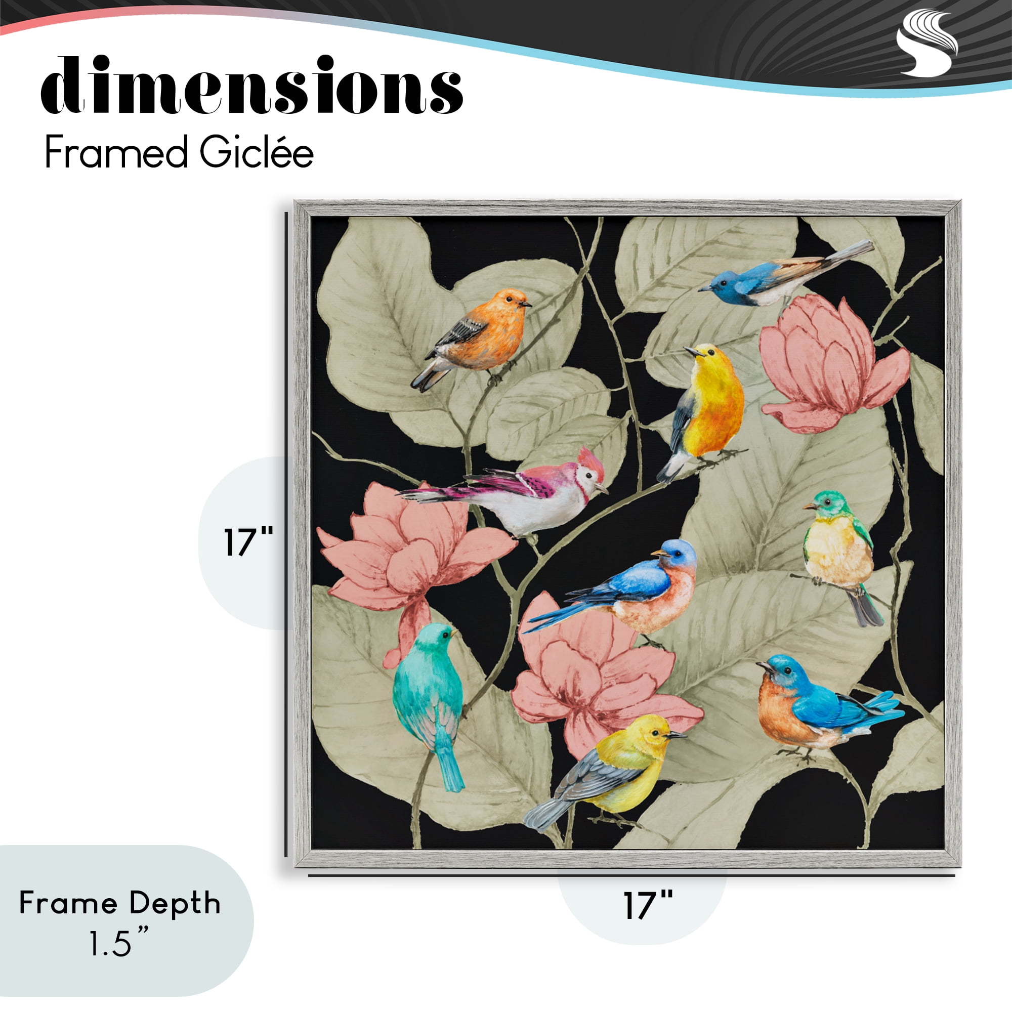 Stupell Industries Colorful Birds & Leaf Motif Gray Framed Giclee Art, design by Lorenzo Collective