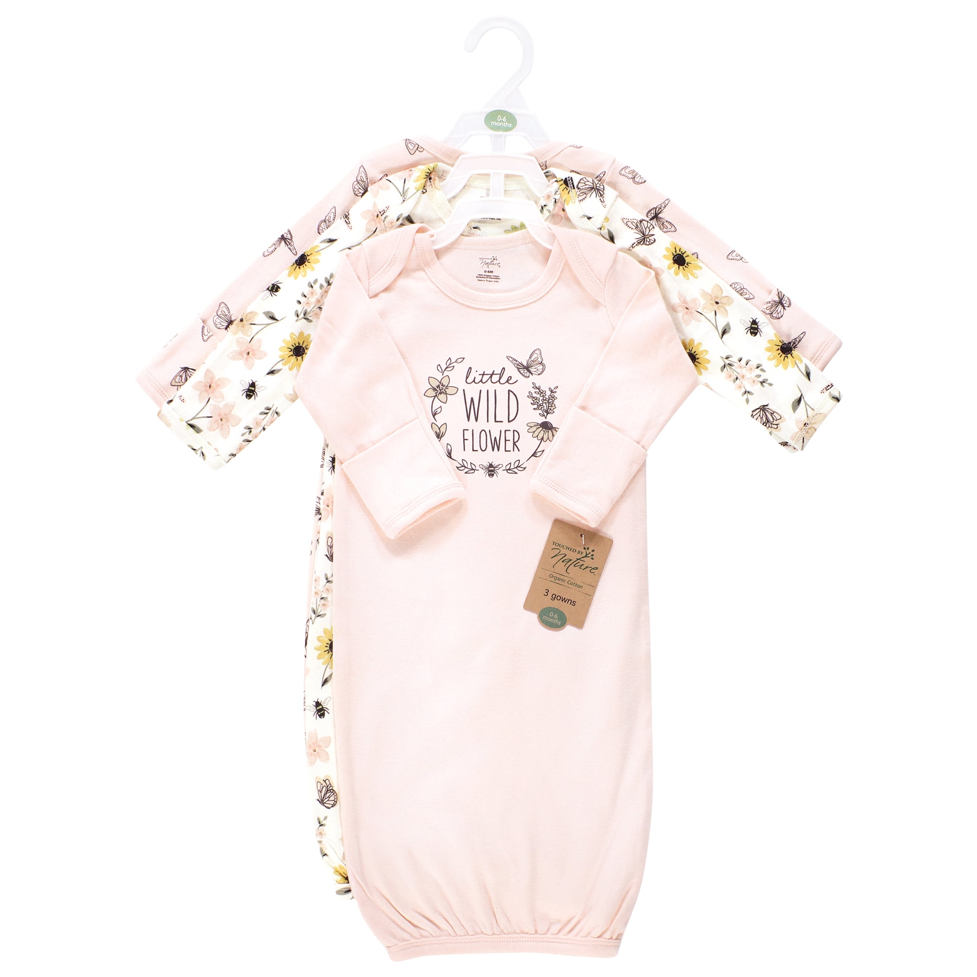 Touched by Nature Baby Girls Organic Cotton Gowns, Soft Wildflower, 0-6 Months