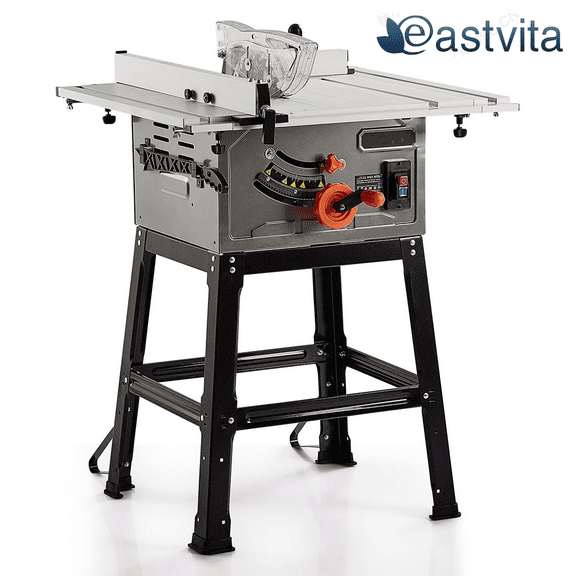 EastVita Table Saw, 10 Inch 15A Multifunctional Saw with Stand & Push Stick, 90°Cross Cut & 0-45°Bevel Cut, 5000RPM, Adjustable Blade Height for Woodworking