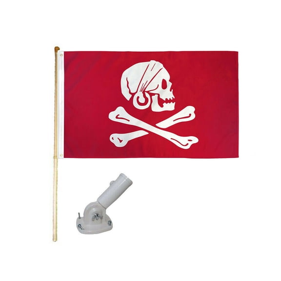 5' Wooden Flag Pole Kit W/ Nylon White Bracket 3x5 Henry Avery Red Poly Flag