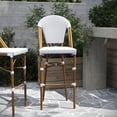 thumbnail image 6 of Merrick Lane Set of Two Indoor/Outdoor Stacking French Bistro Bar Stools with White and Gray Patterned Seats and Backs & Bamboo Finished Metal Frames, 6 of 12