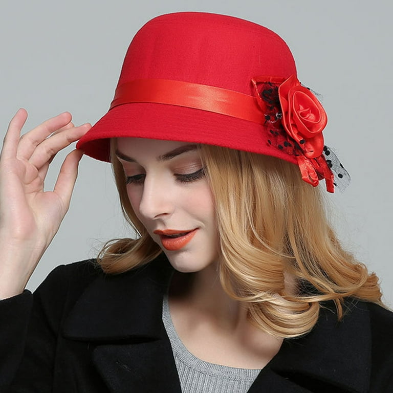 Sanwood Women Hat Rose Red,Vintage Women Solid Color Woolen Flower Decor  Wide Brim Warm Cloche Bowler Hat