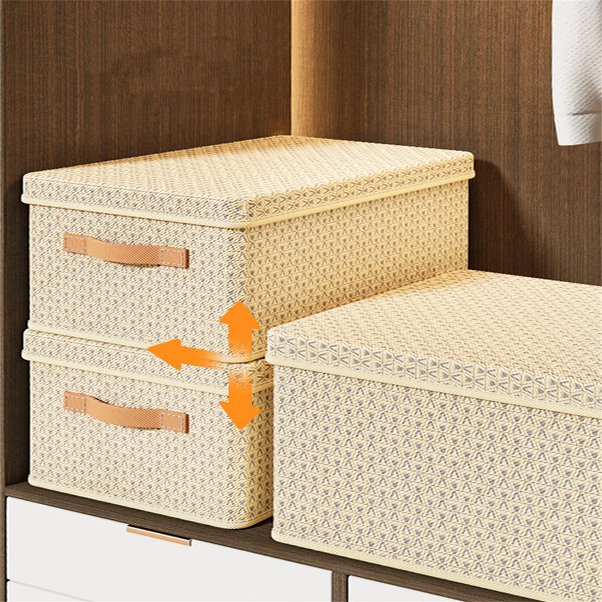 Clothing Storage Bins with Lid, Foldable Storage Baskets for Organizing Shelves Bedroom, Fabric Bins with Handles, Set of 2, Beige