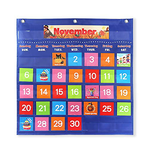 VNOM Calendar Pocket Chart Kids Calendar Learning for Preschool Classroom,119 Multiple Colorful Cards Included,26x34 Inch 