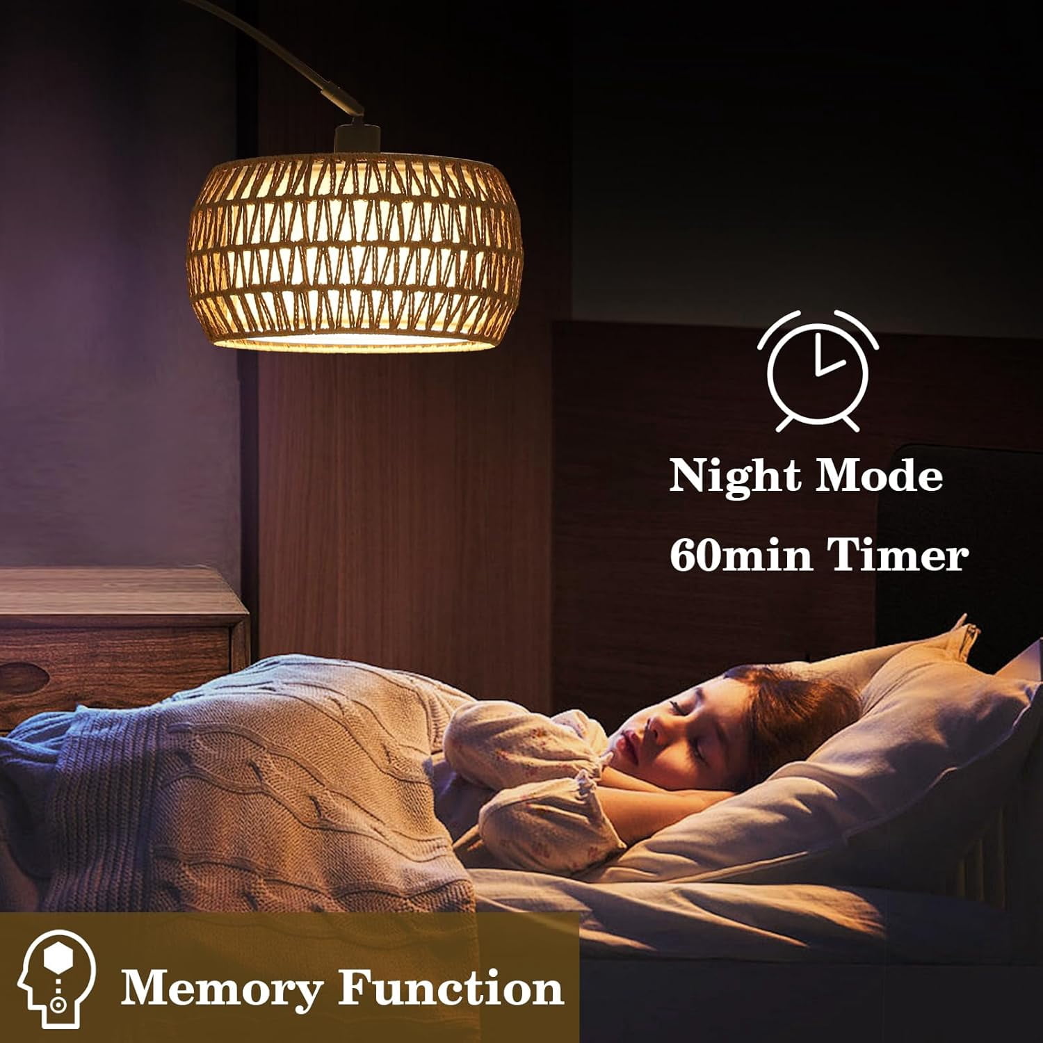 Arc Floor Lamp for Living Room, Black Standing Lamp with Remote and Dimmable LED, Rattan Boho Design
