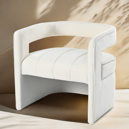 Modern Velvet Accent Chair With Ribbed Detail Luxury Curved Fully Upholstered Accent Chair, Ivory White