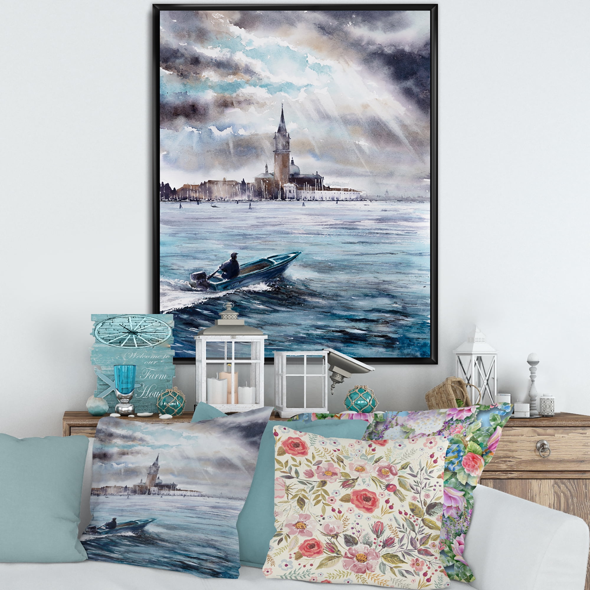 Designart 'Boat Returning In Storm Over Venice In Italy' Nautical & Coastal Framed Canvas Wall Art Print